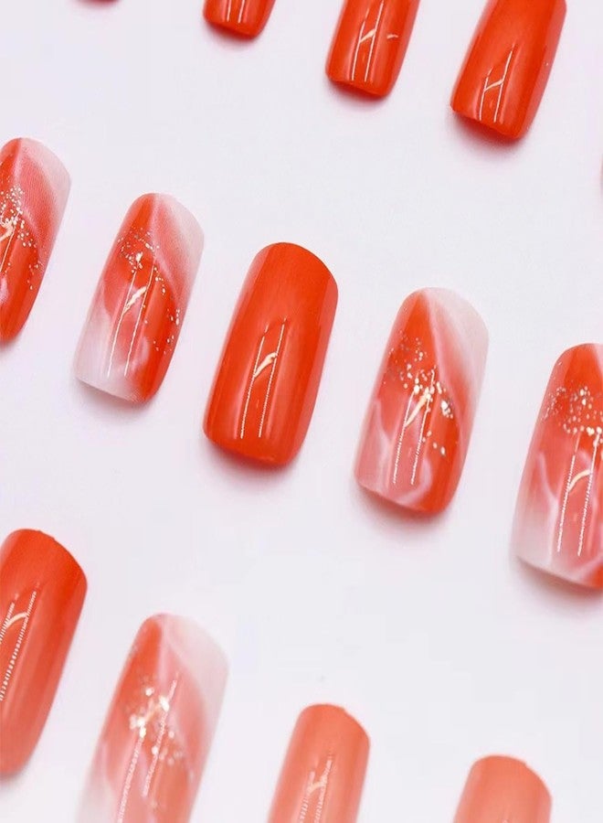 CTTHNBD Medium Press on Nails Square - Orange Fake Nails with Gold Foil Design - Glossy Full Cover Stick on False Nails - for Women 24 Pcs - Image 4